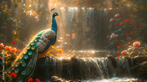 Peacock bird showing feathers in golden sunlight 3d rendering photo