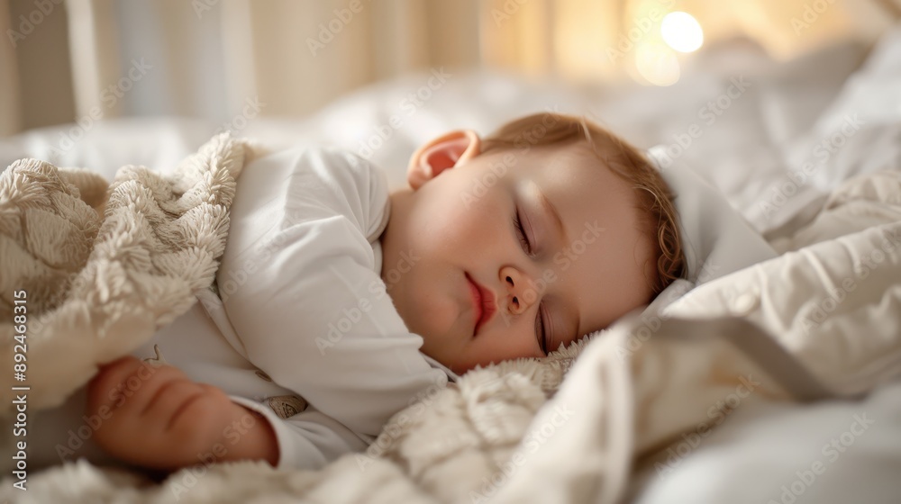 A serene image capturing a baby asleep under a soft blanket on a comfy bed, with gentle lighting creating a warm and comforting atmosphere in the bedroom setting. A serene image capturing a baby asleep under a soft blanket on a comfy bed, with gentle lighting creating a warm and comforting atmosphere in the bedroom setting.
