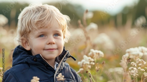 Wallpaper Mural A joyful young blonde boy in a black jacket smiles in a field of wildflowers, capturing the essence of childhood delight and natural beauty as he embraces the outdoor environment. Torontodigital.ca