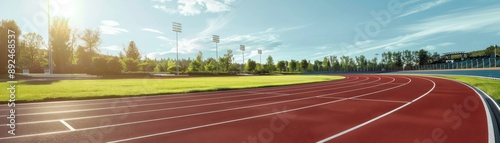 A beautiful morning view of an empty running track in a stadium with lush green fields and clear sky, perfect for athletics and sports activities.