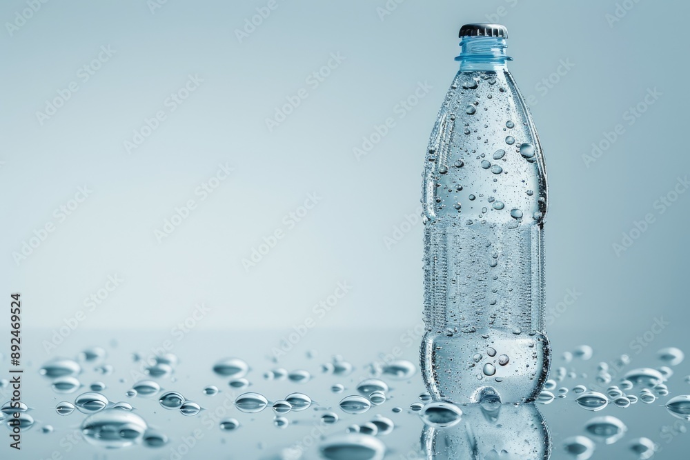 A bottle of water with a blue cap sits on a table with water droplets on it A bottle of water with a blue cap sits on a table with water droplets on it
