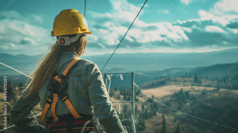 Female lineman working on a power line, wearing a hard hat and safety harness, surrounded by the vast landscape, showcasing her dedication and expertise in the utilities field