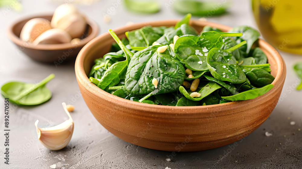 A bowl of vibrant, sauteed spinach with garlic and olive oil, emphasizing its high iron content A bowl of vibrant, sauteed spinach with garlic and olive oil, emphasizing its high iron content
