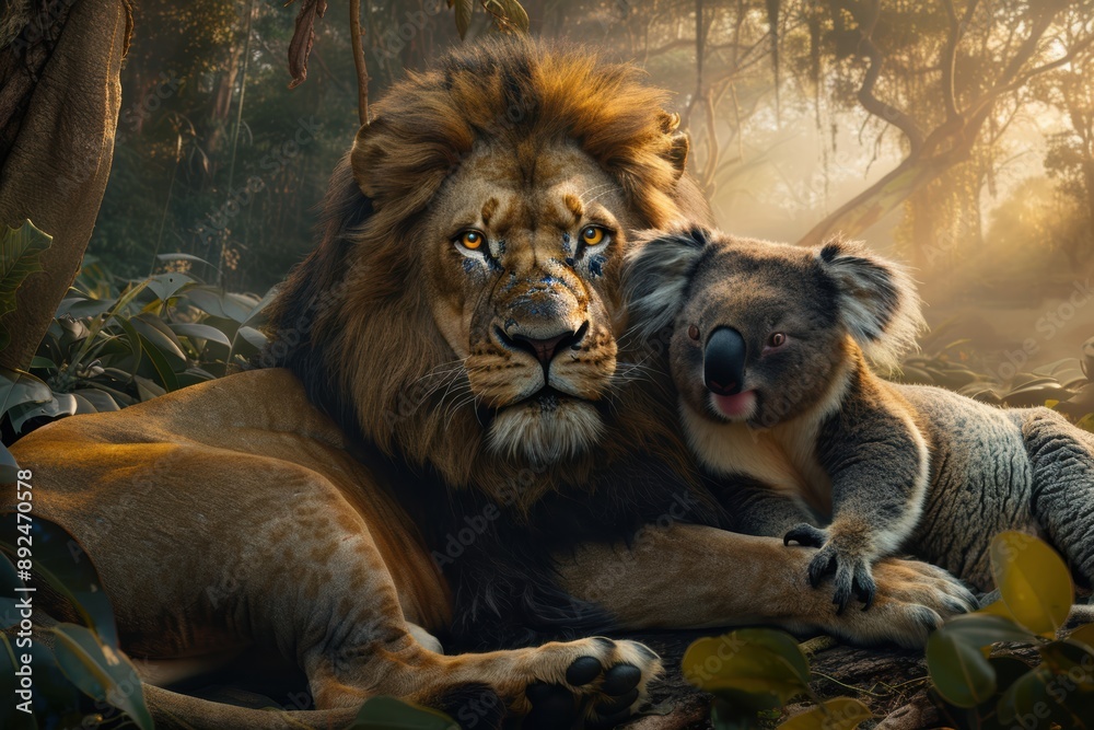 Naklejka premium a lion and a koala in a cozy embrace, highlighting the gentle side of these wild animals. Great for storybooks and family-friendly art.