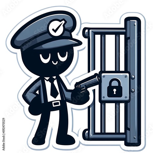 Cartoon security guard with a gun standing next to a locked gate. Gatekeeper guards near the gate. Sticker with white border isolated on white background. Security and protection concept photo