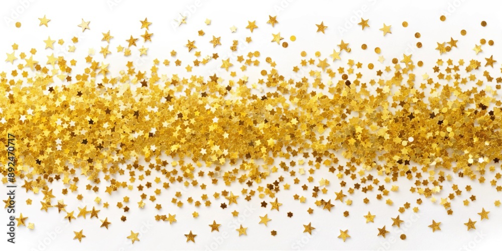 Scattered gold star confetti on white background. Festive and celebratory concept. Shiny and sparkling Scattered gold star confetti on white background. Festive and celebratory concept. Shiny and sparkling