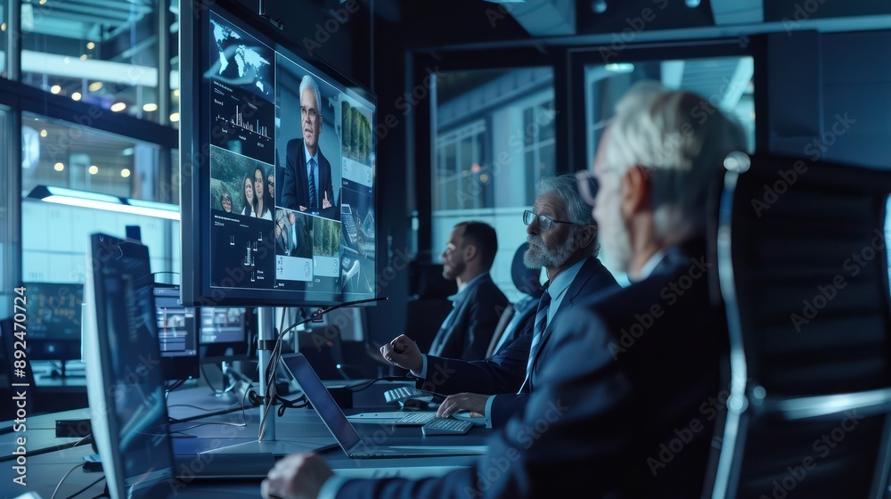 Senior managers participating in a virtual team-building activity, each visible on a large screen in a high-tech office environment
