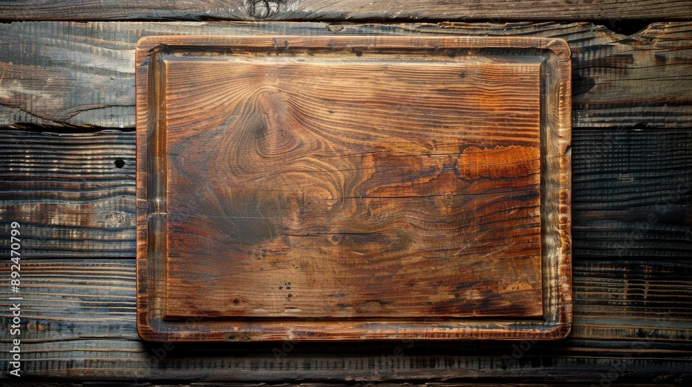 Obraz premium Kitchen board on wooden surface with space for text viewed from above