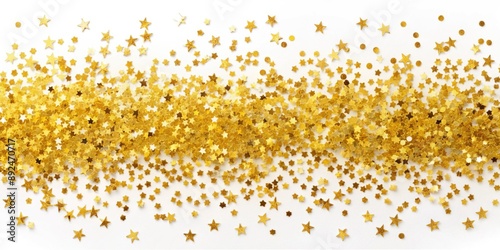 Scattered gold star confetti on white background. Festive and celebratory concept. Shiny and sparkling