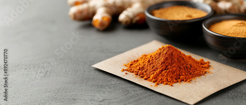 A vibrant display of turmeric roots and powder, with Anti Inflammatory and Antioxidant Propeties photo