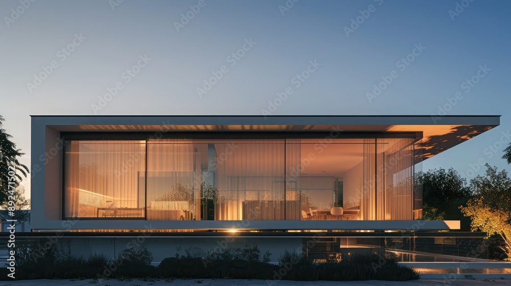 Fototapeta premium Sleek, minimalist suburban home with an emphasis on horizontal lines and a transparent facade, under a clear evening sky Ensure room for text
