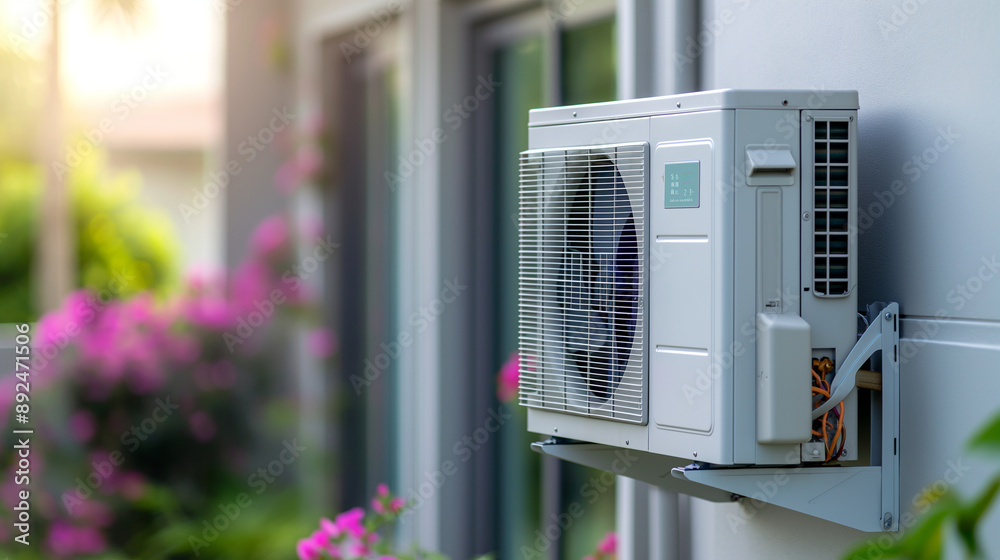 Air conditioner close-up on the wall of a house patio terrace garden outdoors, illustrating residential building equipment technology for cooling in summer heat, energy outlet, nob Air conditioner close-up on the wall of a house patio terrace garden outdoors, illustrating residential building equipment technology for cooling in summer heat, energy outlet, nob