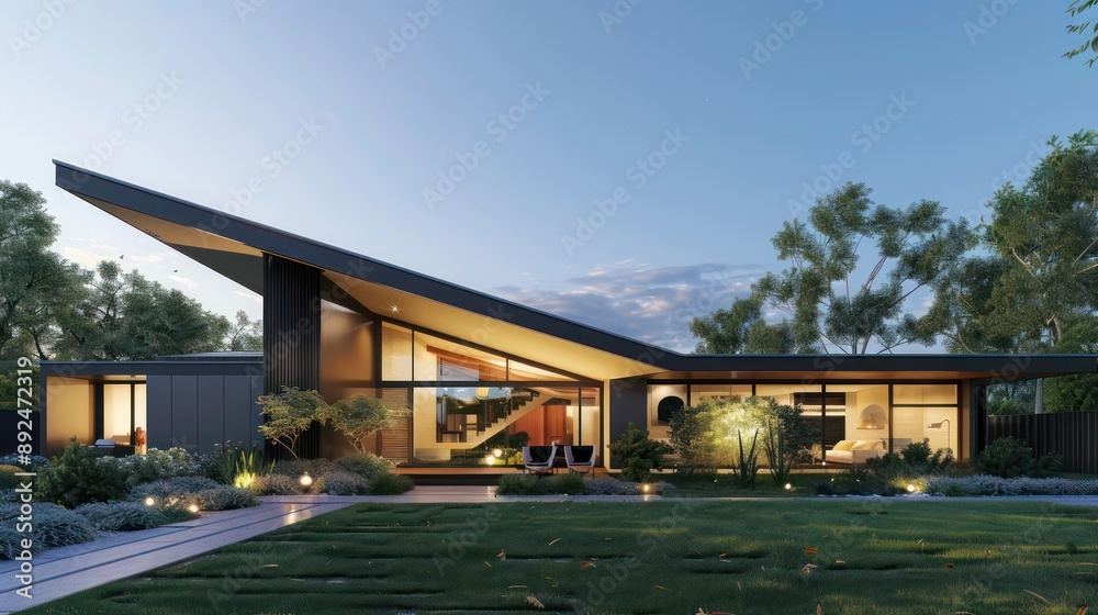 Sleek, modern suburban home with a minimalist aesthetic, featuring an angular roof and expansive front yard Sleek, modern suburban home with a minimalist aesthetic, featuring an angular roof and expansive front yard
