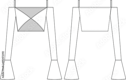 long flounce sleeve strappy strapped shoulder straps off the shoulder low cut cutout cropped crop blouse top  template technical drawing flat sketch cad mockup fashion woman design style model
