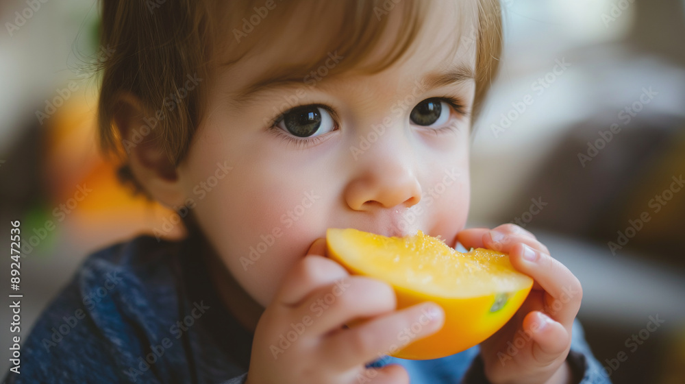 Closeup of a little toddler boy eating a juicy piece of fruit, his tiny hands holding the snack. Healthy nutrition and diet for young kids, breakfast or snack at home Closeup of a little toddler boy eating a juicy piece of fruit, his tiny hands holding the snack. Healthy nutrition and diet for young kids, breakfast or snack at home