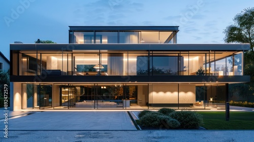 Sleek, modern suburban home with a minimalist aesthetic, featuring an all-glass front and a hidden driveway