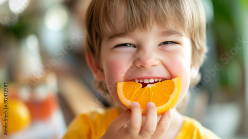 Little boy taking a big bite of fruit, closeup of his cheerful face. Healthy eating habits and nutrition for toddlers, breakfast or snack at home photo