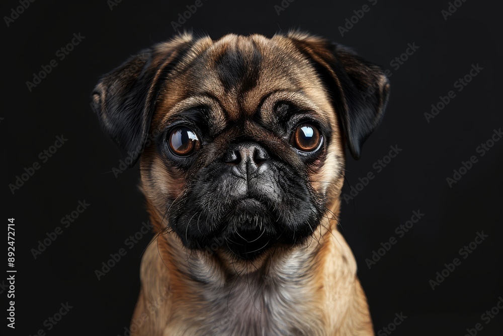 Frontal portrait of a pug dog with studio lighting and black background, captured with a 35mm lens, showcasing the dog's features in high detail. Frontal portrait of a pug dog with studio lighting and black background, captured with a 35mm lens, showcasing the dog's features in high detail.
