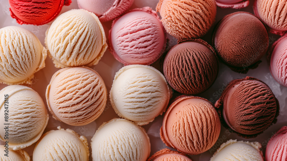 A delightful mix of ice cream scoops in different hues and flavors, like chocolate, vanilla, and strawberry. Frozen and creamy sweet summer dessert, delicious tasty snack A delightful mix of ice cream scoops in different hues and flavors, like chocolate, vanilla, and strawberry. Frozen and creamy sweet summer dessert, delicious tasty snack
