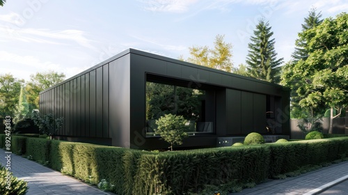 Sleek, modern suburban home with an all-black exterior, surrounded by a neatly trimmed hedge and small trees