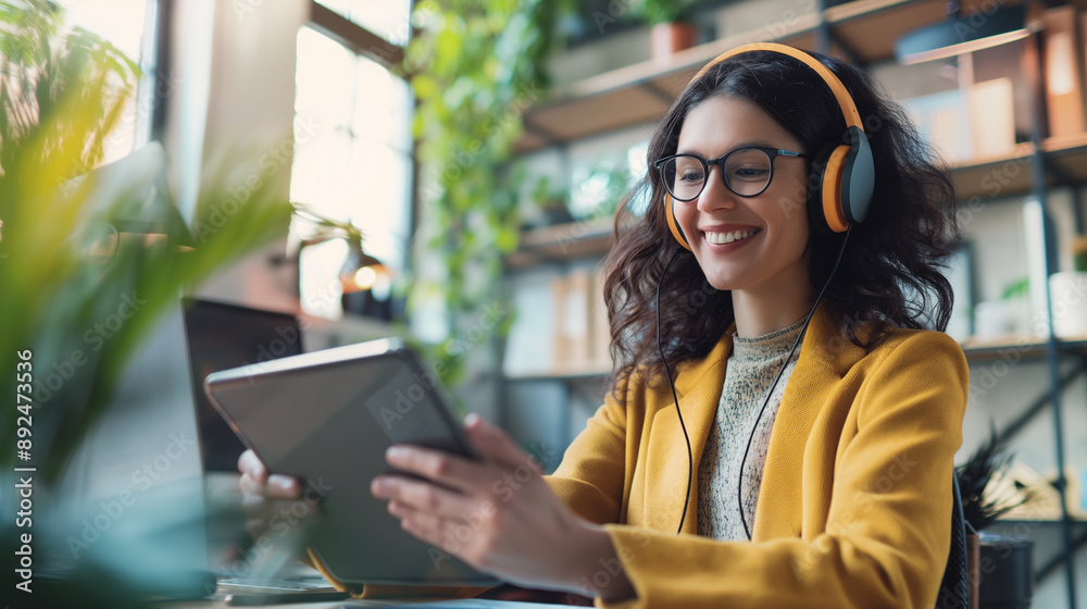Cheerful businesswoman wearing headphones, holding a tablet, and smiling at her desk. Utilizing internet technology for video meetings, showcasing entrepreneurial spirit Cheerful businesswoman wearing headphones, holding a tablet, and smiling at her desk. Utilizing internet technology for video meetings, showcasing entrepreneurial spirit