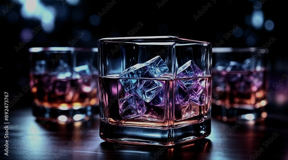 Elegant whiskey glasses with ice cubes, illuminated by soft purple light on a dark backdrop, exuding luxury and fine taste. Elegant whiskey glasses with ice cubes, illuminated by soft purple light on a dark backdrop, exuding luxury and fine taste.