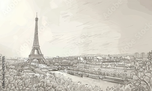 Hand-drawn sketch of Eiffel Tower with Paris cityscape.
