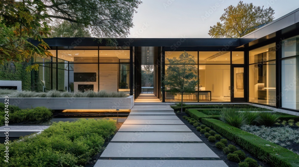 Sleek suburban home with a minimalist facade of glass and steel, highlighted by linear garden paths Include copy space Sleek suburban home with a minimalist facade of glass and steel, highlighted by linear garden paths Include copy space