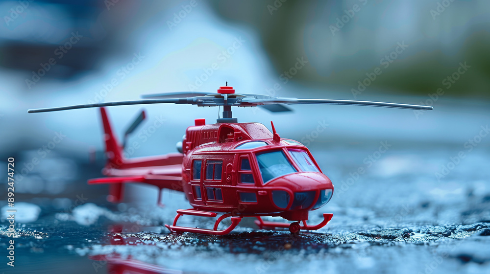 Naklejka premium Close shot of a red plastic helicopter model. A toy resembling a real helicopter, created for children's creative play related to travel and flights. 