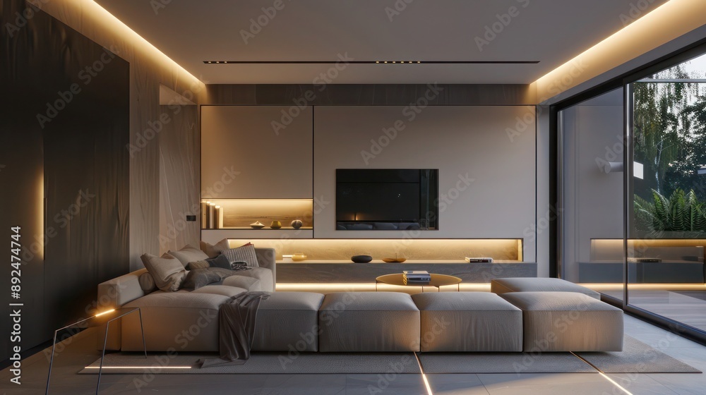Sleek suburban home with a modern design, featuring hidden lighting and a monochromatic color scheme Sleek suburban home with a modern design, featuring hidden lighting and a monochromatic color scheme