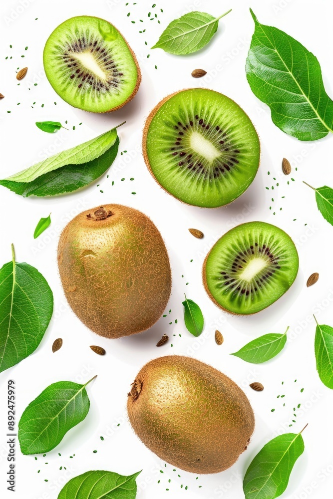 Fototapeta premium Close-up of kiwis with leaves and seeds arranged on a white surface