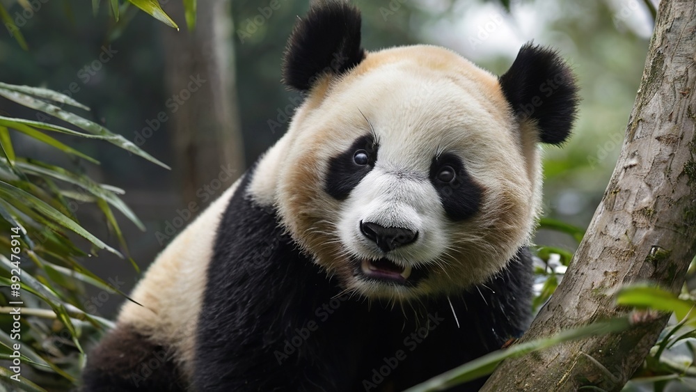 Fototapeta premium A close-up of a large panda in a bamboo forest.