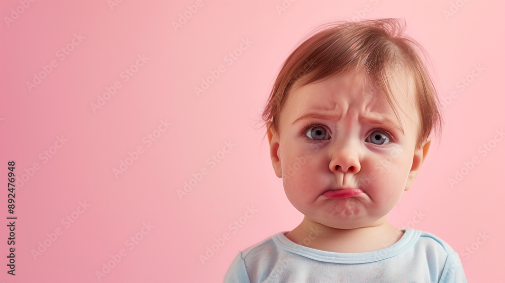Unhappy and crying baby on pink studio background. The child shows frustration and negative emotions, is hungry and upset, with a grimace of dissatisfaction visible on his face.
Unhappy and crying baby on pink studio background. The child shows frustration and negative emotions, is hungry and upset, with a grimace of dissatisfaction visible on his face.