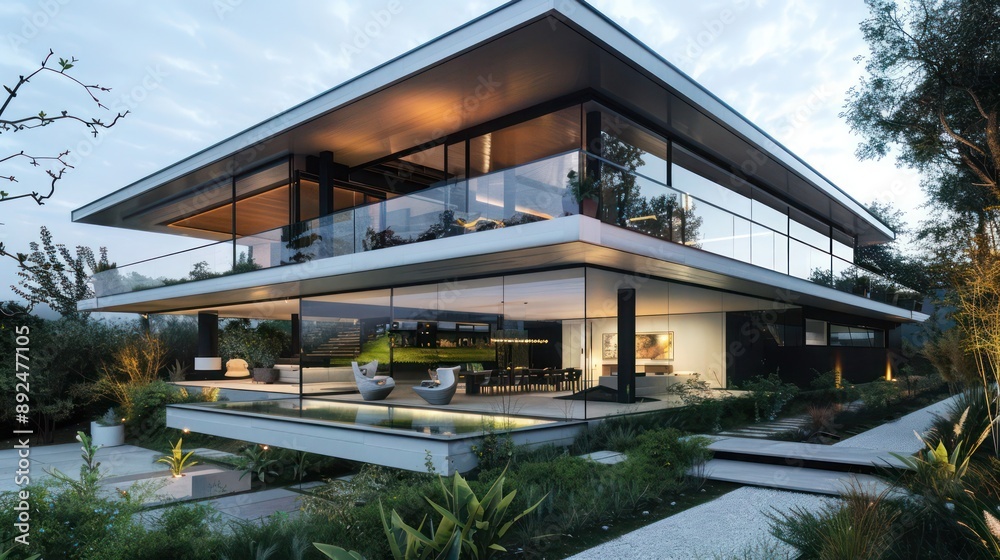 Sleek suburban house with a cantilevered second floor over a glass-walled first floor, surrounded by minimalist landscaping Sleek suburban house with a cantilevered second floor over a glass-walled first floor, surrounded by minimalist landscaping