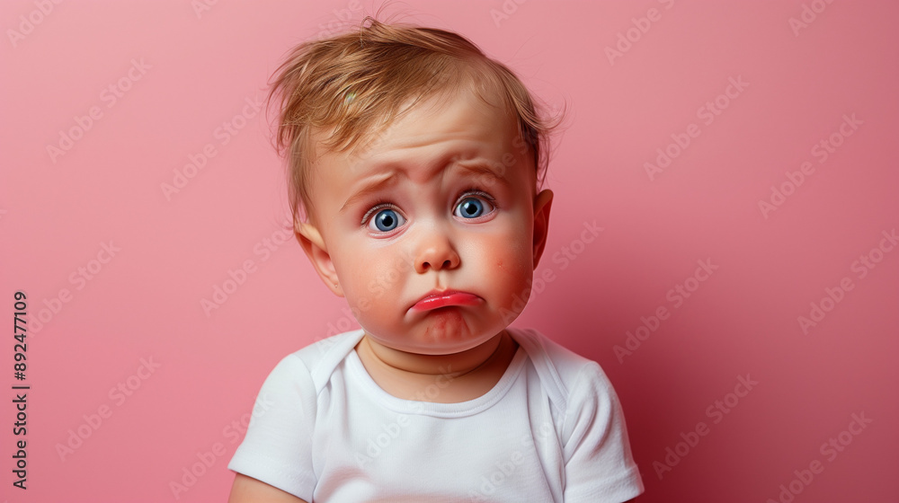 Unhappy and crying baby on pink studio background. The child shows frustration and negative emotions, is hungry and upset, with a grimace of dissatisfaction visible on his face.
Unhappy and crying baby on pink studio background. The child shows frustration and negative emotions, is hungry and upset, with a grimace of dissatisfaction visible on his face.