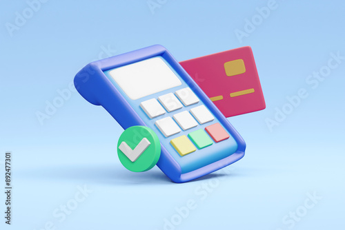 3D render depicting a card reader, a credit card, and a check mark to represent the concept of successful payment. The card reader and credit card illustrate the process of electronic transactions photo