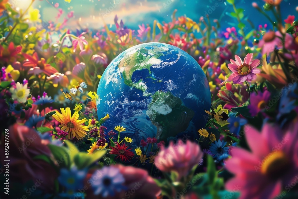 Naklejka premium A colorful illustration of planet Earth surrounded by vibrant flowers and happy animals. Hyper realistic. Shot with canon 5d Mark III --ar 3:2 --style raw Job ID: 620ec7c6-7dbd-41c6-b4fe-13903b0368f3