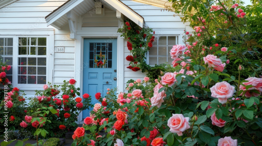 Naklejka premium charming suburban cottage with white clapboard siding and a bright blue front door, surrounded by a rose garden with a variety of pink and red roses