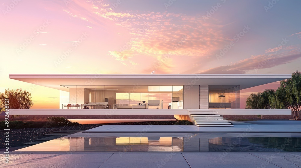 Sleek, white minimalist suburban home with a flat roof and panoramic glazing, set against a vibrant sunset Ensure room for text