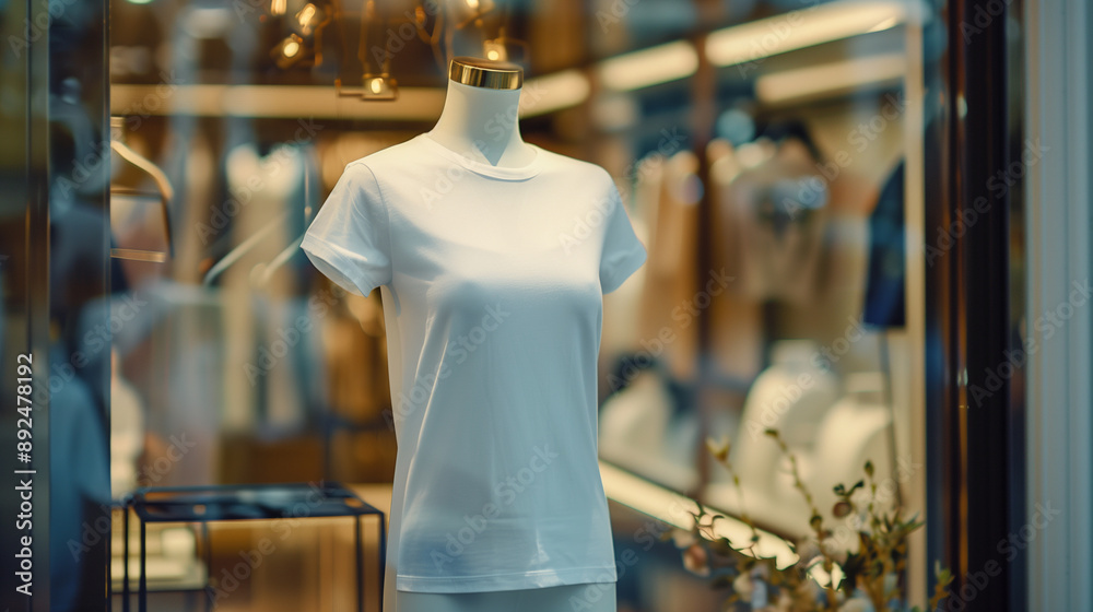 White Women's T-shirt on a Mannequin in a Stylish Boutique White Women's T-shirt on a Mannequin in a Stylish Boutique