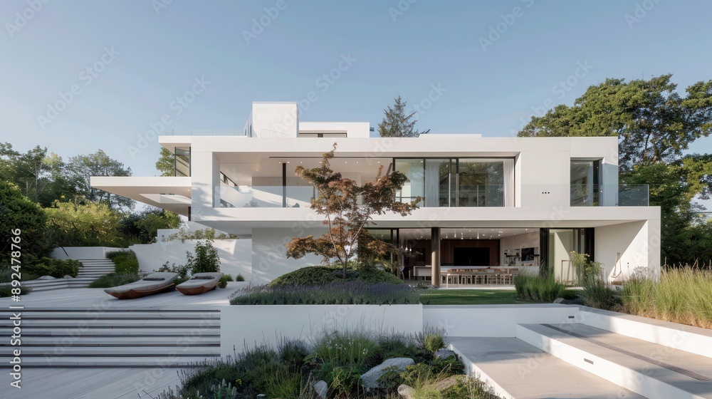 Fototapeta premium Sleek, white minimalist suburban home with expansive outdoor terraces and a sculpted garden landscape Include copy space for text