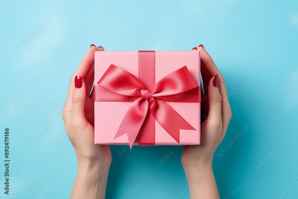 Female hands hold a pink gift box with on the blue background. Background with place for text, copyspace for the holiday, mother's day etc.