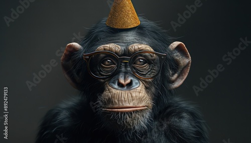 Cute Chimpanzee Wearing Party Hat and Glasses, Fun Animal Photo for Birthday, Celebration, and Party Decor, Download High-Quality Image photo