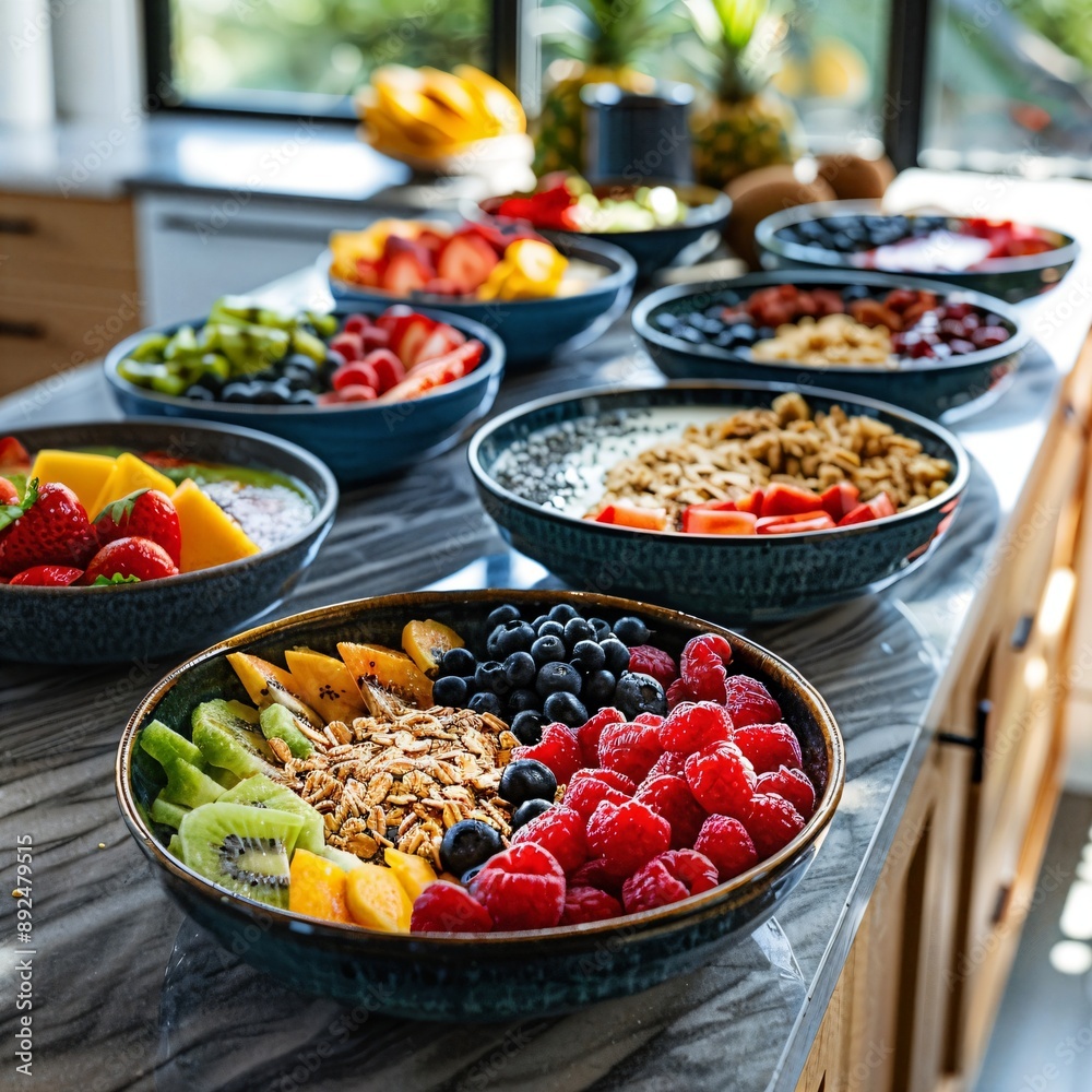 a table topped with bowls of fruit and cereal a table topped with bowls of fruit and cereal