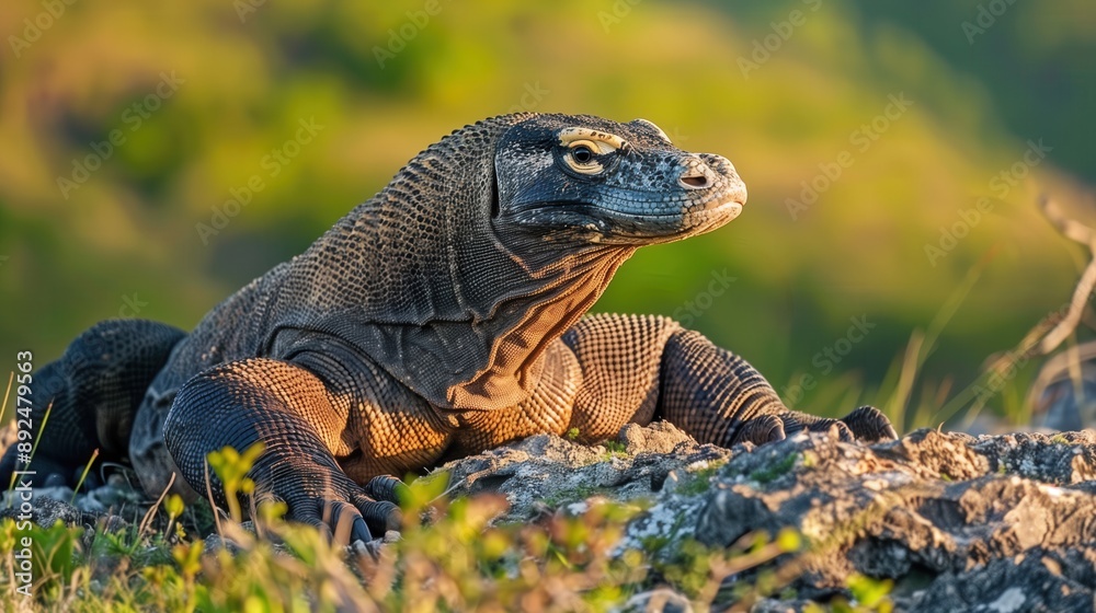 Obraz premium A Komodo Dragon standing on a rock with watchful status, overlooking its surroundings