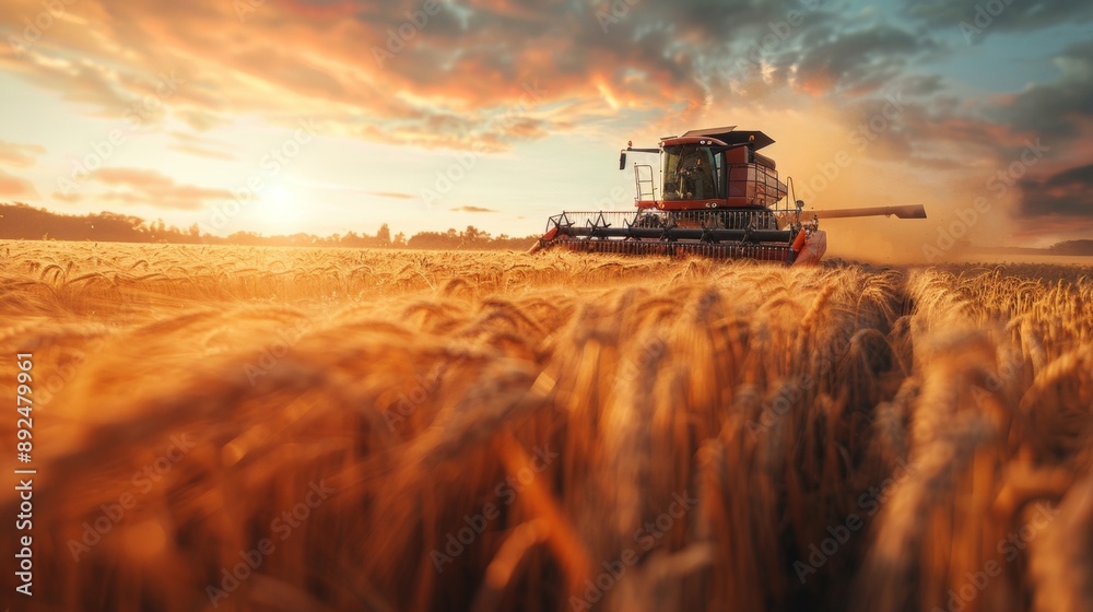 Fototapeta premium A combine harvester in action, efficiently harvesting wheat on a vast and stunning wheat field
