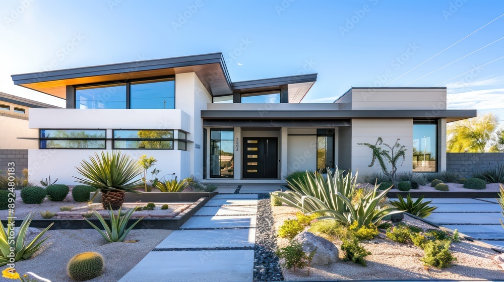 Fototapeta premium contemporary suburban home with a bold architectural design, featuring sharp angles, a flat roof, and a front yard with an eco-friendly xeriscape