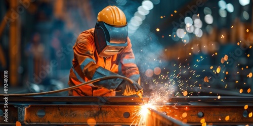 Construction worker is welding iron structure on construction site, wearing orange and yellow reflect working suit with safety helmet