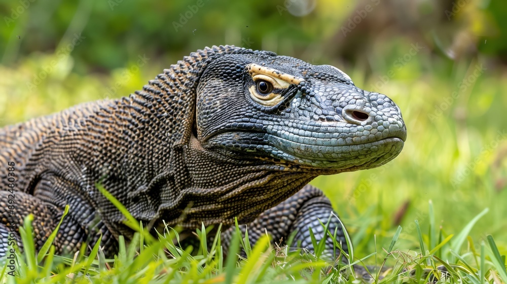 A close up image of a Komodo Dragon laying on the grass with a watchful state A close up image of a Komodo Dragon laying on the grass with a watchful state