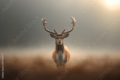 Majestic male deer standing in misty autumn field at dusk